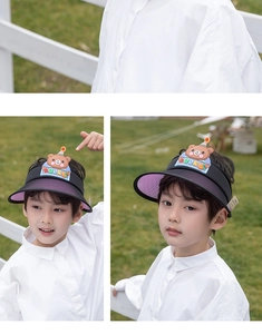Detail of child's sun hat with cute bear patch and breathable mesh inner brim