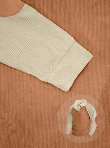 Detail of tan corduroy fabric texture with button placket on men's long sleeve henley shirt