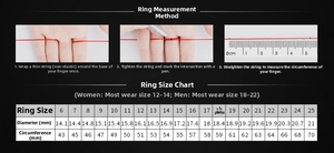 Ring size guide with measurement instructions and diameter chart for women and men