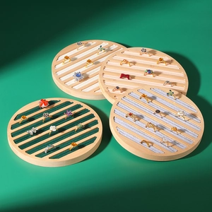 Round Bamboo Wood Ring Display Tray Velvet Multi Slot Jewelry Organizer Desktop Showcase Plate Holder