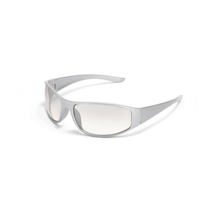 Y2K futuristic oversized silver sports sunglasses with matte frames and grey lenses