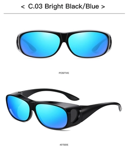 Macro view of bright black night vision driving glasses with blue lenses in detail
