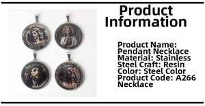 Detail of vintage stainless steel Jesus pendants with drip glue craft and metal borders