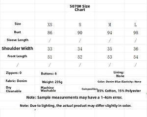 Tableau des tailles pour ensemble gilet en jean et pantalon large de XS à L