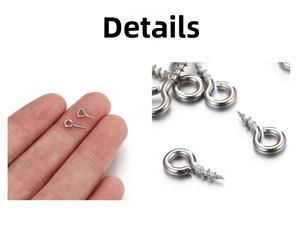 Macro detail of tiny stainless steel eye screws compared with a finger for size