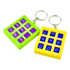 Porte-clés de jeu Tic Tac Toe colorés en plastique vert néon et jaune avec pions coulissants
