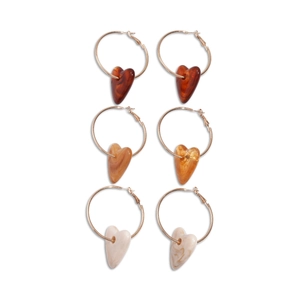 Set of three acrylic heart dangle hoop earrings in amber, tan and cream marble finish