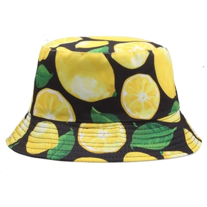 Unisex black bucket hat with vibrant yellow lemon and green leaf pattern for summer wear