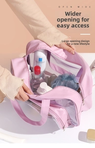 Pink waterproof toiletry bag with wide opening and dual zipper for large capacity storage