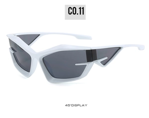 Futuristic white cat-eye sunglasses with dark grey lenses shown from a 45-degree angle
