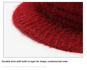 Detail of red knit hat brim with durable built-in shaping layer and fuzzy texture