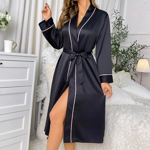 Long-sleeved black ice silk dressing gown with pink trim and matching waist tie belt