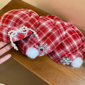 Christmas red plaid beret hair clips with pearls and snowflakes for women's winter style