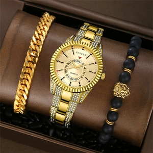 Golden quartz watch set with luxury crystal strap and lion cuban chain bracelet in gift box