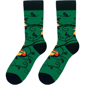 Détail du tricot de chaussettes en coton vert avec motifs d'oiseaux toucans colorés