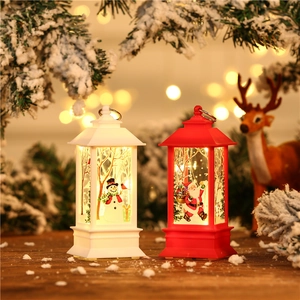 Close-up of red Santa and white Snowman LED lanterns with warm festive lighting