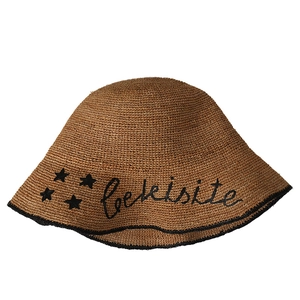 Foldable raffia sun hat for women with star embroidery and wavy black edges