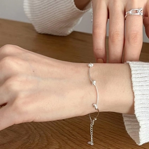 S925 sterling silver beaded chain bracelet and minimalist horseshoe ring set for women