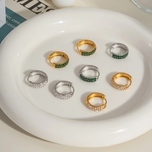 18K gold and silver C-shaped stainless steel hoop earrings with micro-set zircon stones