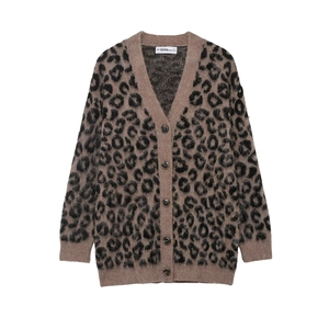 Women Leopard Print Polyester Cardigan Sweater V Neck Button Down Loose Fluffy Knitwear Retro Casual Long Sleeve