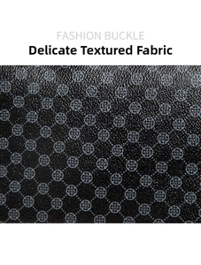 Close-up of black crossbody bag fabric with clover print and textured grain leather