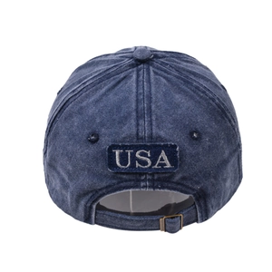 Distressed dark blue USA embroidery baseball cap with vintage metal strap from back view