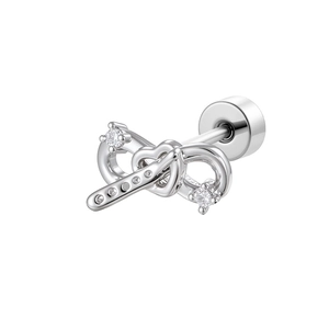 Silver infinity heart cartilage stud earring with cubic zirconia on white background