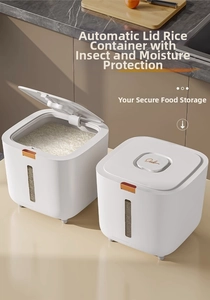 Macro detail of automatic lid mechanism and clear window on white rice storage container
