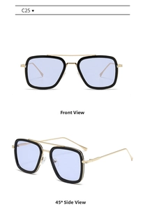 Close-up of square sunglasses with light purple lenses and gold metal temples in detail