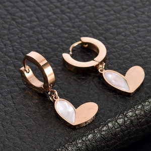 Elegant rose gold stainless steel heart hoop earrings with natural white shell inlay