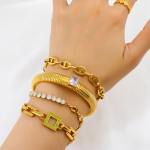Snake chain gold jewelry set with zircon bangles and 18k plated steel bracelets