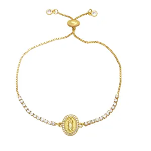 Gold Virgin Mary charm tennis bracelet with sparkling colorful zircons and box chain