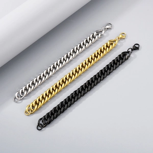 Three-color titanium steel Cuban curb bracelets in silver, gold, and black with lobster clasp