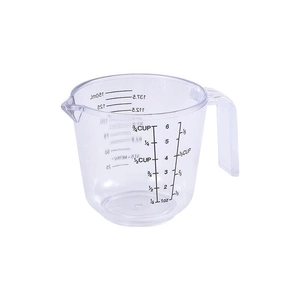 Clear 150ml PS plastic measuring cup with dual-sided scale markings and handle