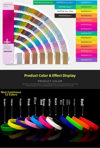 Detailed view of silicone wristbands in twelve colors with glossy reflection on dark base