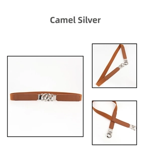 Detail of camel elastic belt featuring silver-tone interlocking metal chain buckle style