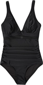 Detail of black one-piece swimsuit with mesh V-neck and slimming pleated waist texture