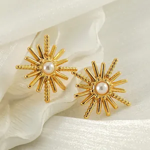 Boucles D'Oreilles Puces Künstliche Perle Étoile Acier Inoxydable Plaque Or 18K Géométrique Style Vintage Pour Femmes