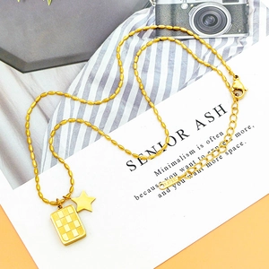 Golden titanium steel necklace featuring a checkered square pendant and a star charm detail