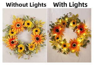 Detail view of sunflower wreath showing non-lighted and warm LED light versions