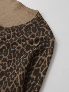 Close-up of leopard print knitted cardigan with ribbed neckline texture detail