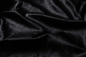 Close-up of black faux fur jacket fabric showing dense fibers and natural glossy texture