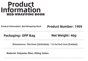 Specifications of 78x14cm baby bed cloth book showing polyester fiber and weight info