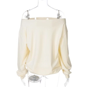 Rear view of long sleeve off-shoulder cream sweatshirt on a transparent mannequin