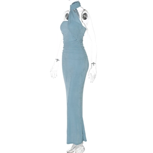 Detailed side view of blue bodycon maxi dress featuring neck tie and draped ruched texture