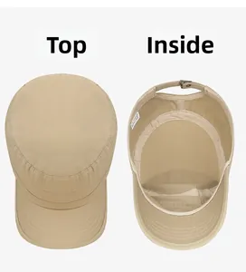 Detail view of khaki quick-dry flat top military cap showing the top and interior lining
