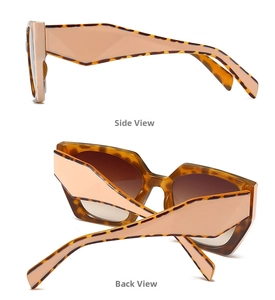 Side and back view of tortoiseshell sunglasses with pink side shields and brown lenses