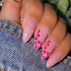 Faux Ongles À Presser Dégradé Paillettes Fleurs De Cerisier Rose Forme Amande Étoiles Florales Douces Brillantes