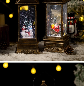 Detail of vintage Christmas snow globe lantern with Santa and snowman scenes
