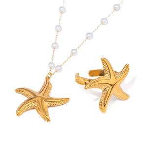Collier Pendentif Étoile De Mer Acier Inoxydable Plaqué Or Künstliche Perle D'Imitation Martelé Texturé Style Marin Bijoux Pour Femmes